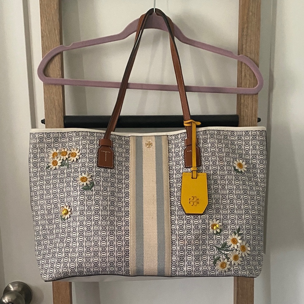 Tory Burch Blue and Brown Floral Tote
